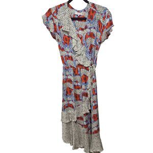 Parker Reina Midi Dress sz Small Animal Cheetah Print Ruffle SS A-Line Faux Wrap